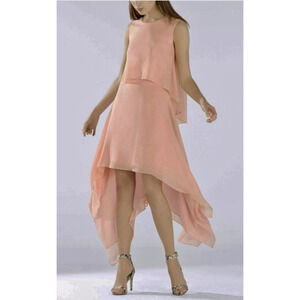 BCBG Maxazria Marilee 100% Silk Dress Size‎ L Coral Flowy Fairy Asymmetric Hem
